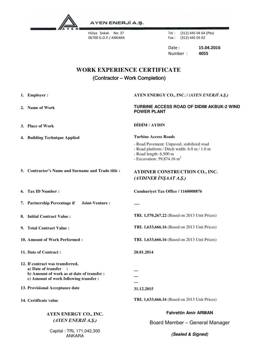 Certificate Of Experience Template