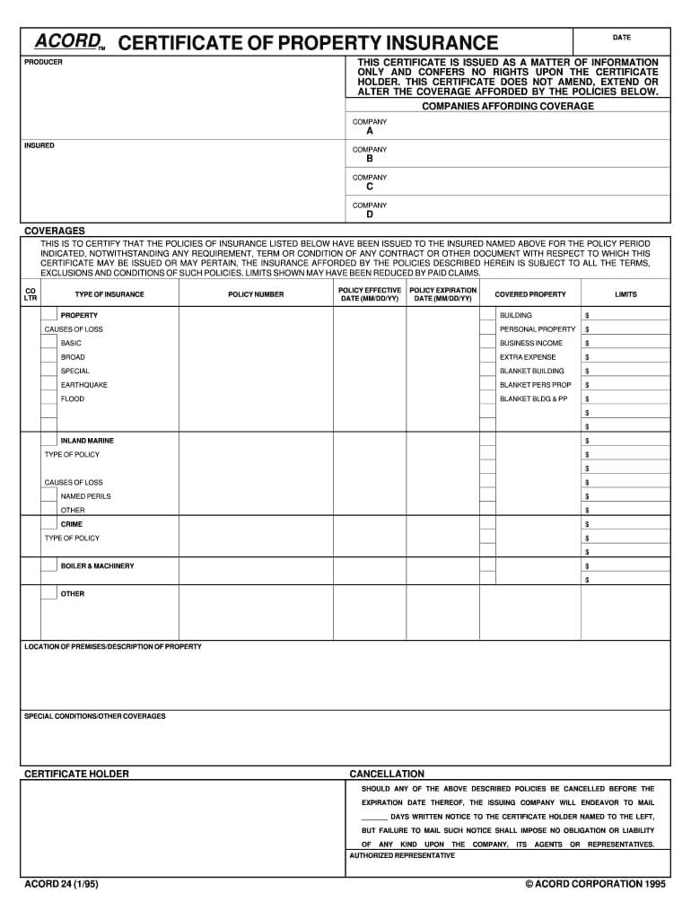 1995 Form Acord 24 Fill Online, Printable, Fillable, Blank For Acord Insurance Certificate Template