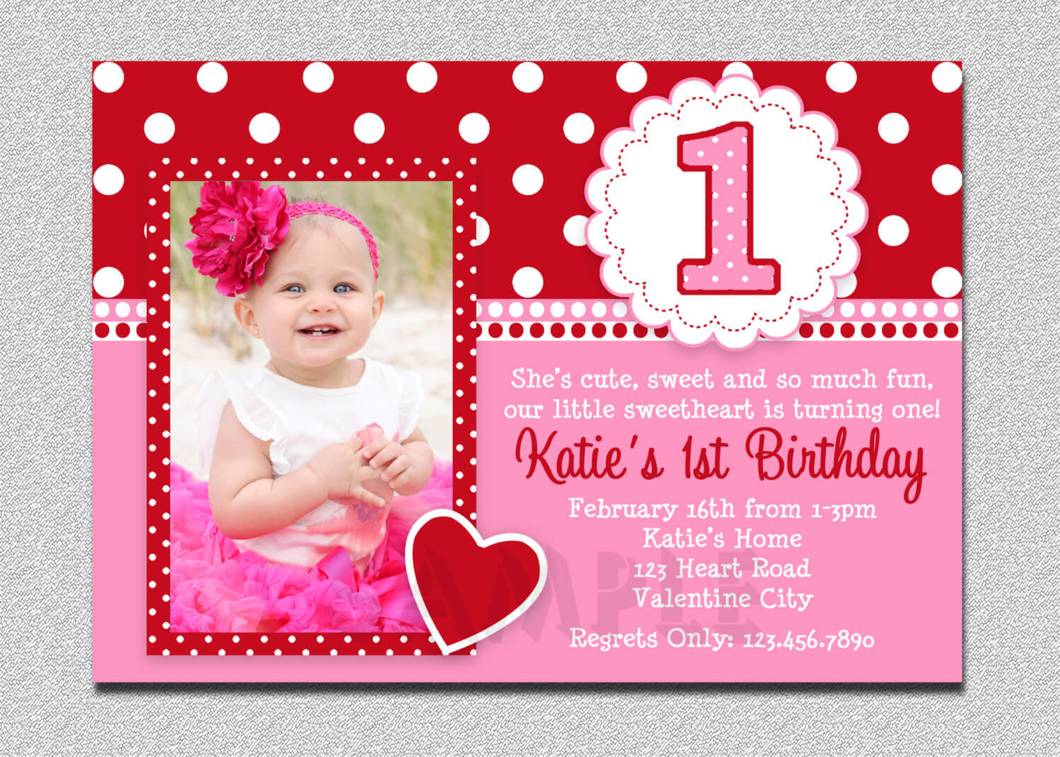 1St Birthday Invitations Girl Free Template : Valentines For First Birthday Invitation Card Template