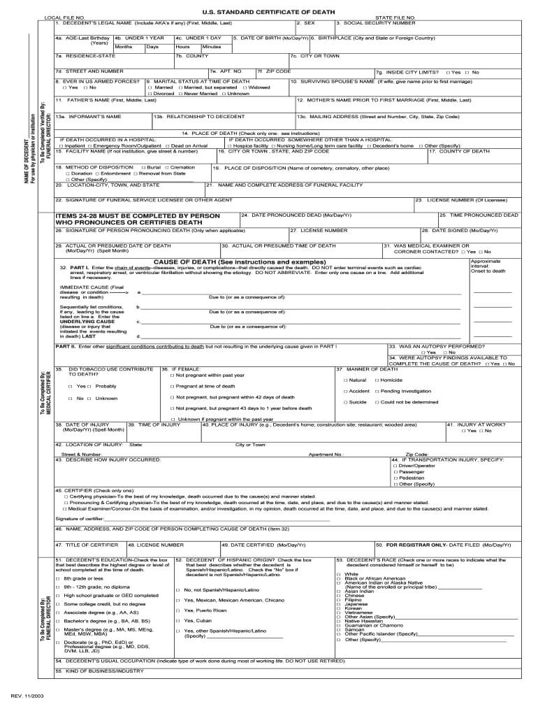 2003 2020 Form Us Standard Certificate Of Death Fill Online For Baby Death Certificate Template