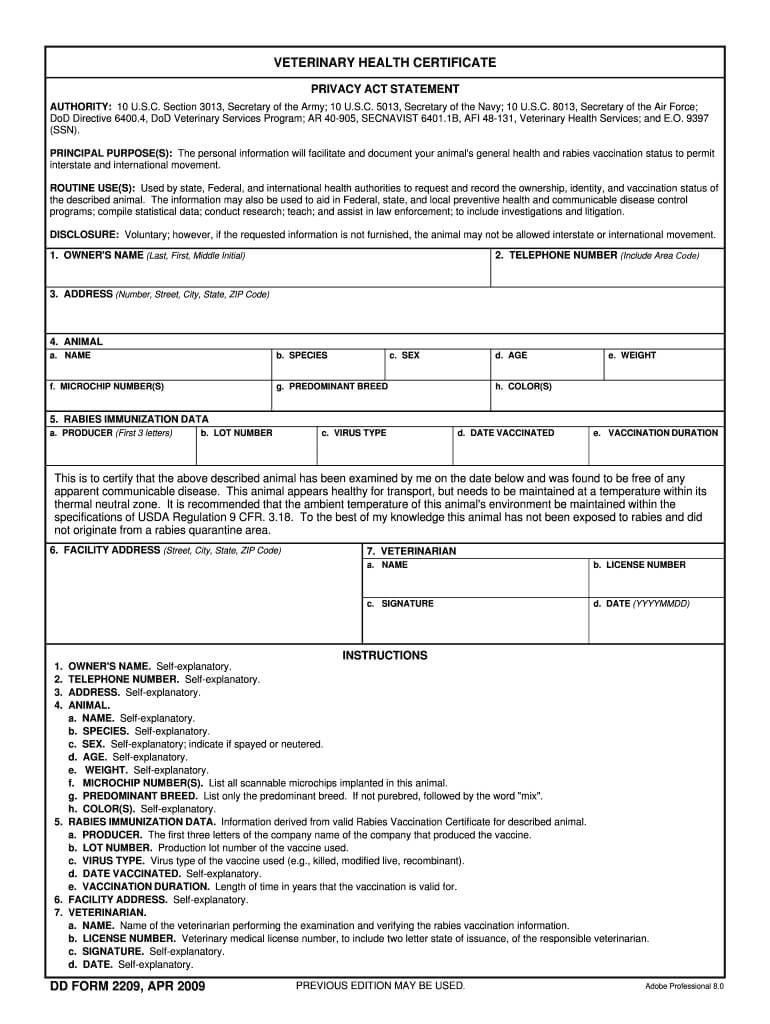 2009 2020 Form Dd 2209 Fill Online, Printable, Fillable With Rabies Vaccine Certificate Template