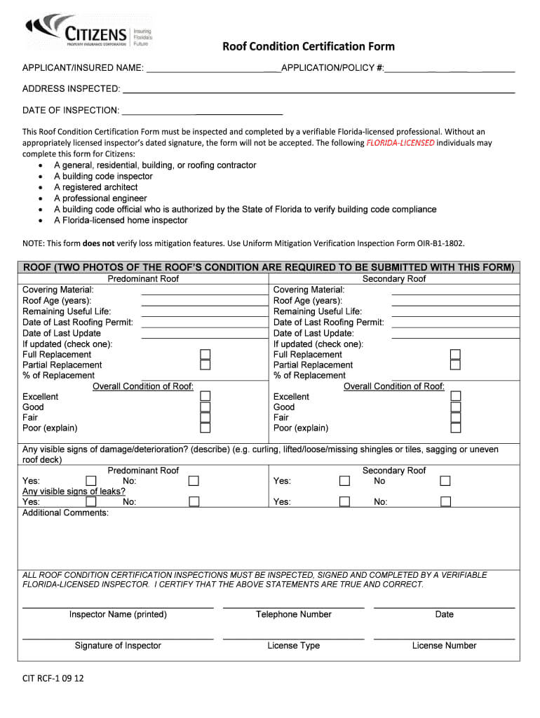 2012 2020 Form Citizens Rcf 1 Fill Online, Printable Pertaining To Roof Certification Template