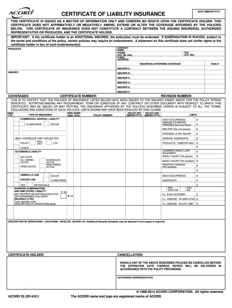 2014 2020 Form Acord 25 Fill Online, Printable, Fillable Throughout Acord Insurance Certificate Template
