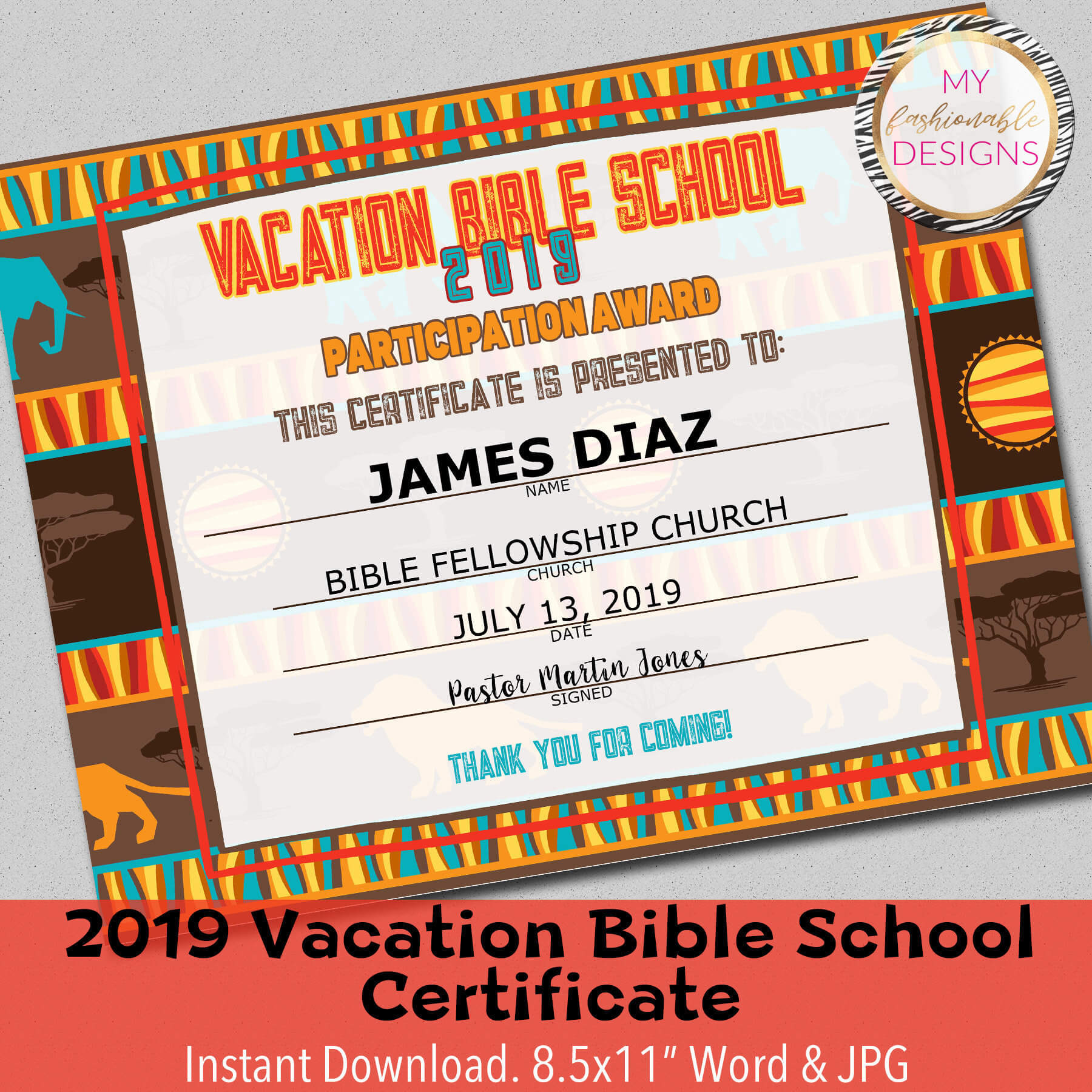 2019 Vbs Certificate, Vacation Bible School, Instant Download – 8.5X11"  Word And Jpg Intended For Free Vbs Certificate Templates