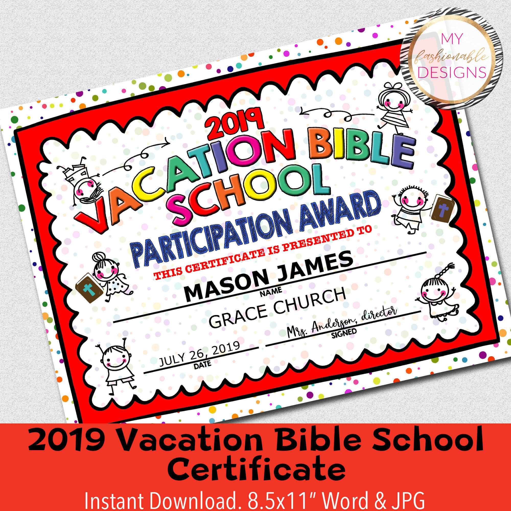 2019 Vbs Certificate, Vacation Bible School, Instant Download – 8.5X11"  Word And Jpg Regarding Free Vbs Certificate Templates