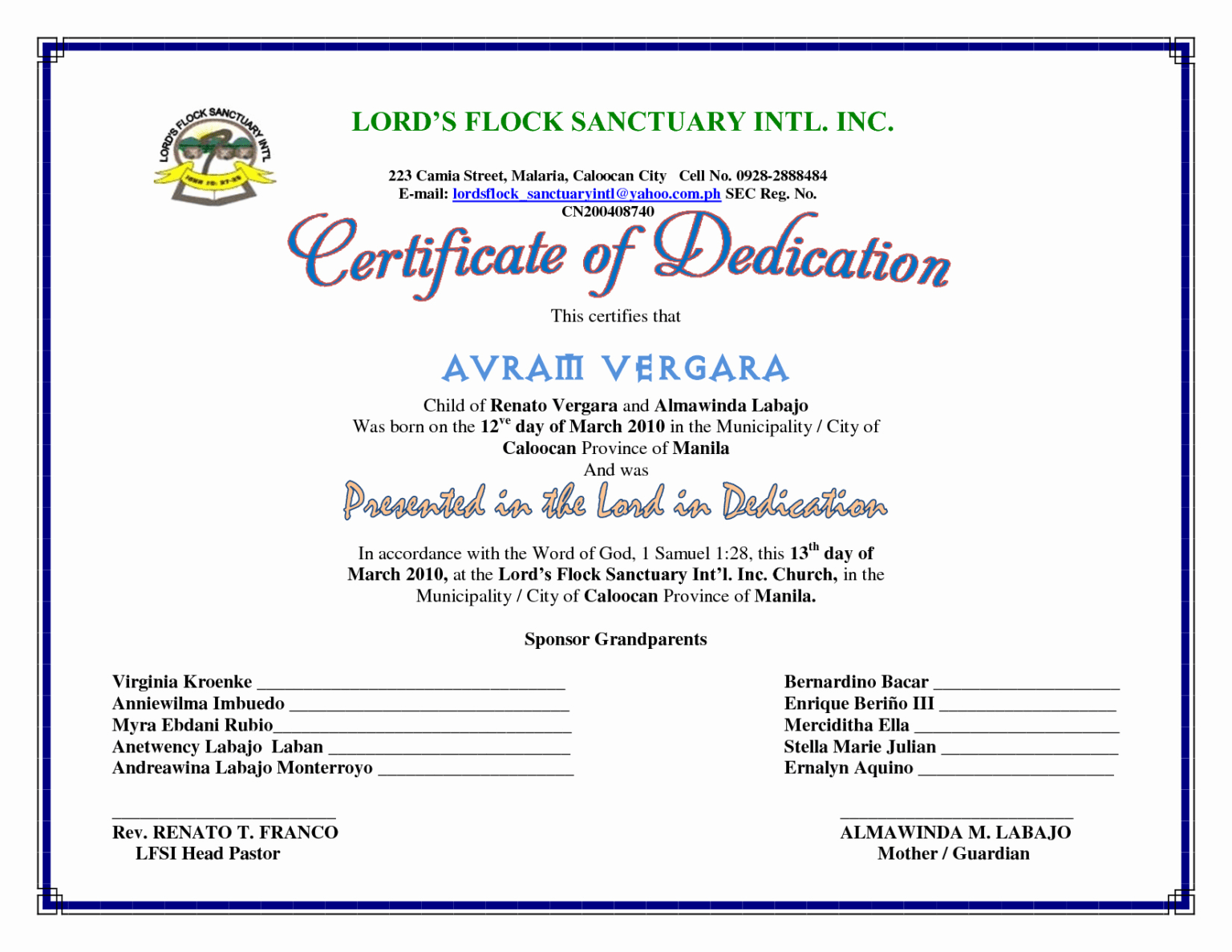 Dedication Certificate Template