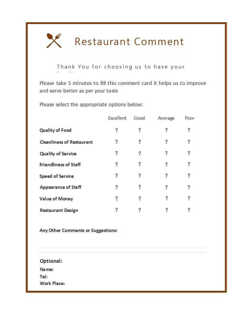 9 Restaurant Comment Card Templates - Free Sample Templates Pertaining To Survey Card Template