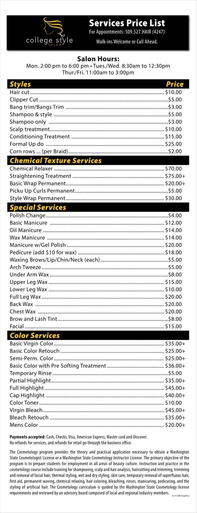 9+ Salon Price List Templates | Free Samples, Examples With Rate Card Template Word