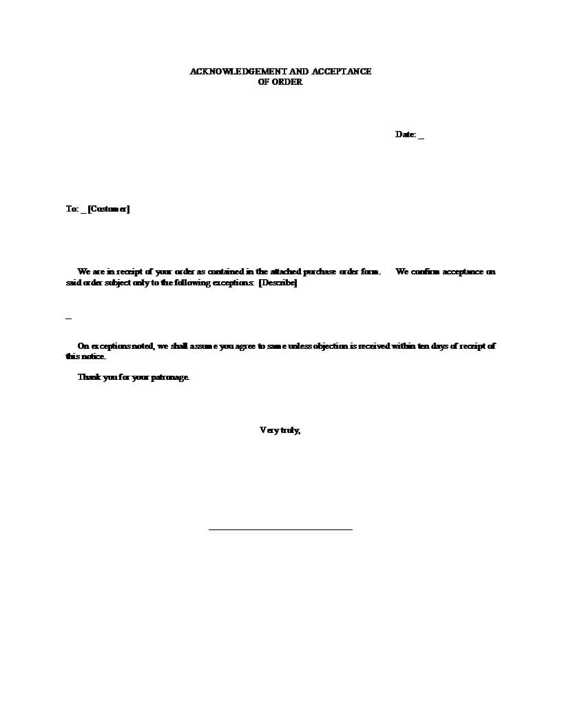 Acknowledgment And Acceptance Of Order Template Regarding Certificate Of Acceptance Template