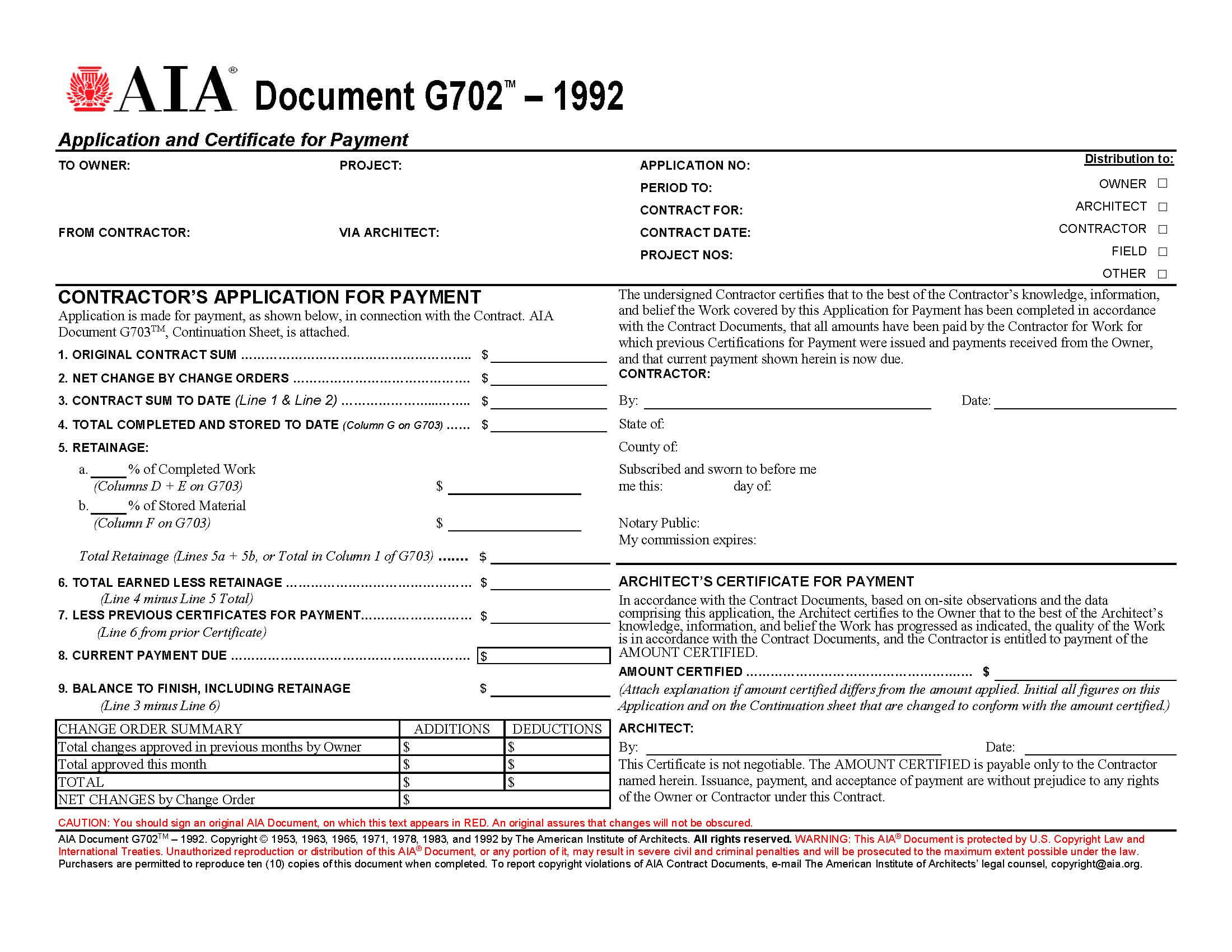 Aia Forms G702 & G703 Application, Certificate, And Continuation In Construction Payment Certificate Template