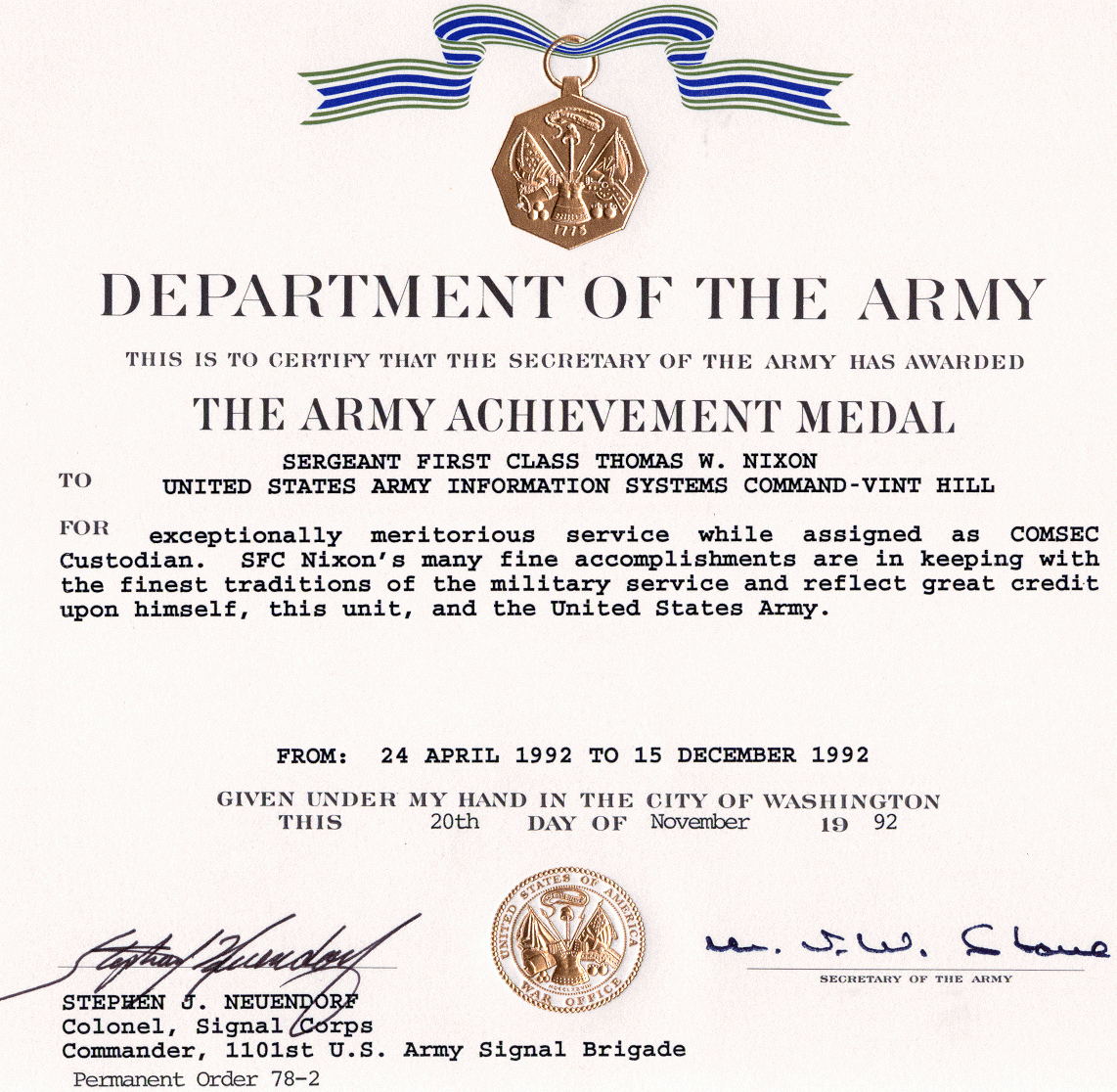 Army Award Example