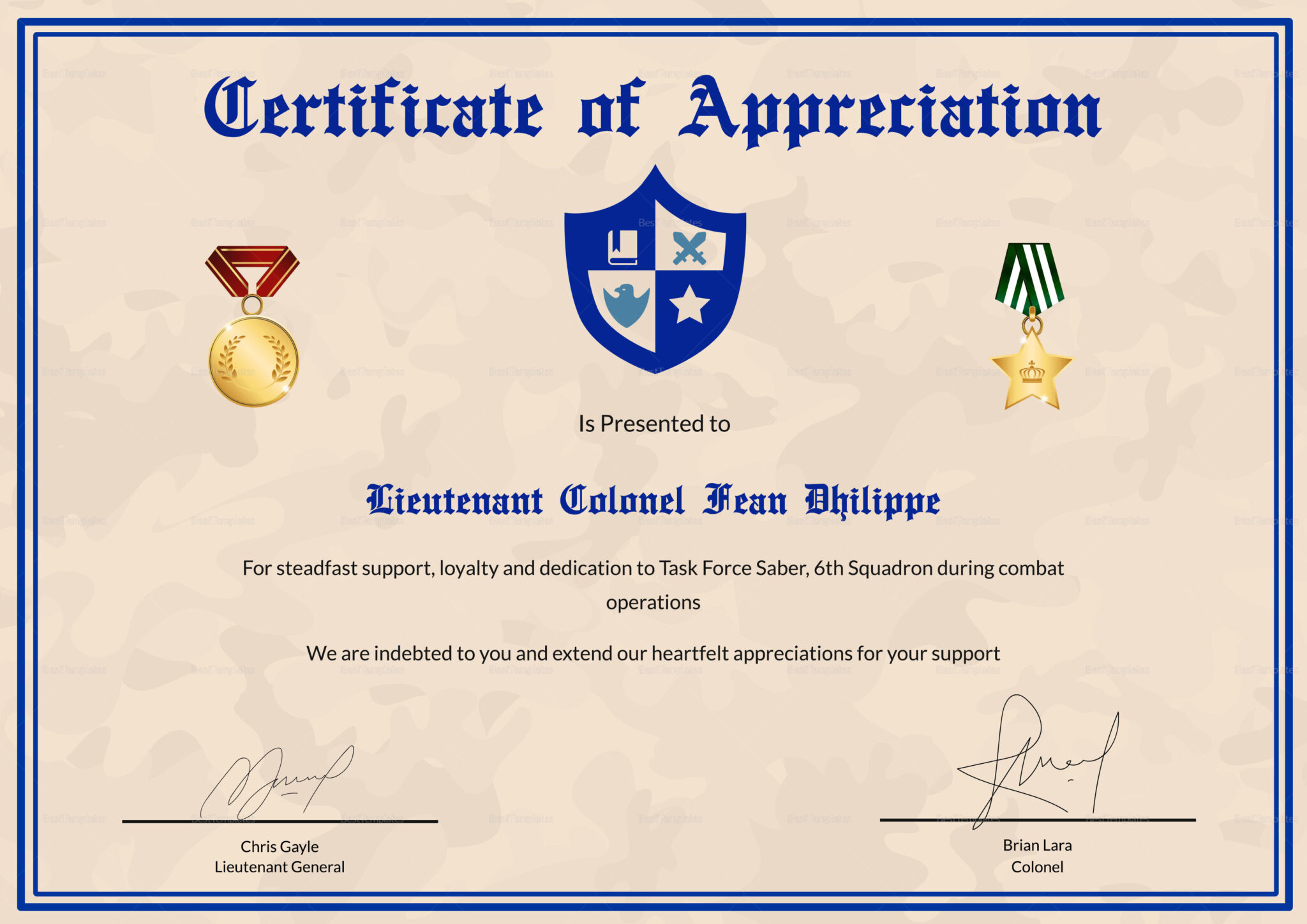 Army Certificate Of Appreciation Template with Army Certificate Of