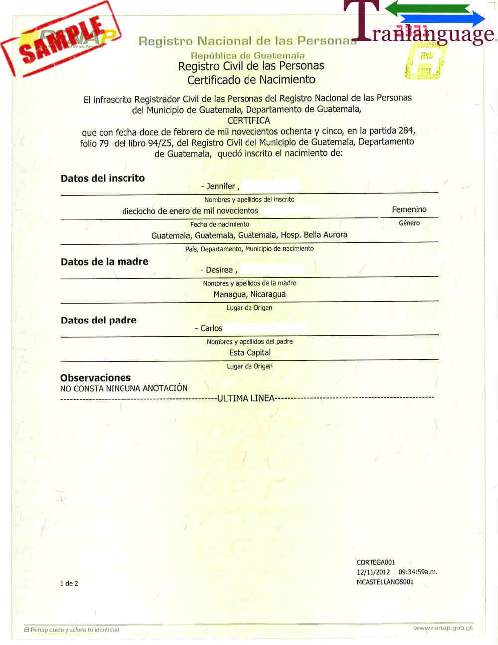 Birth Certificate Guatemala For Birth Certificate Translation Template Uscis