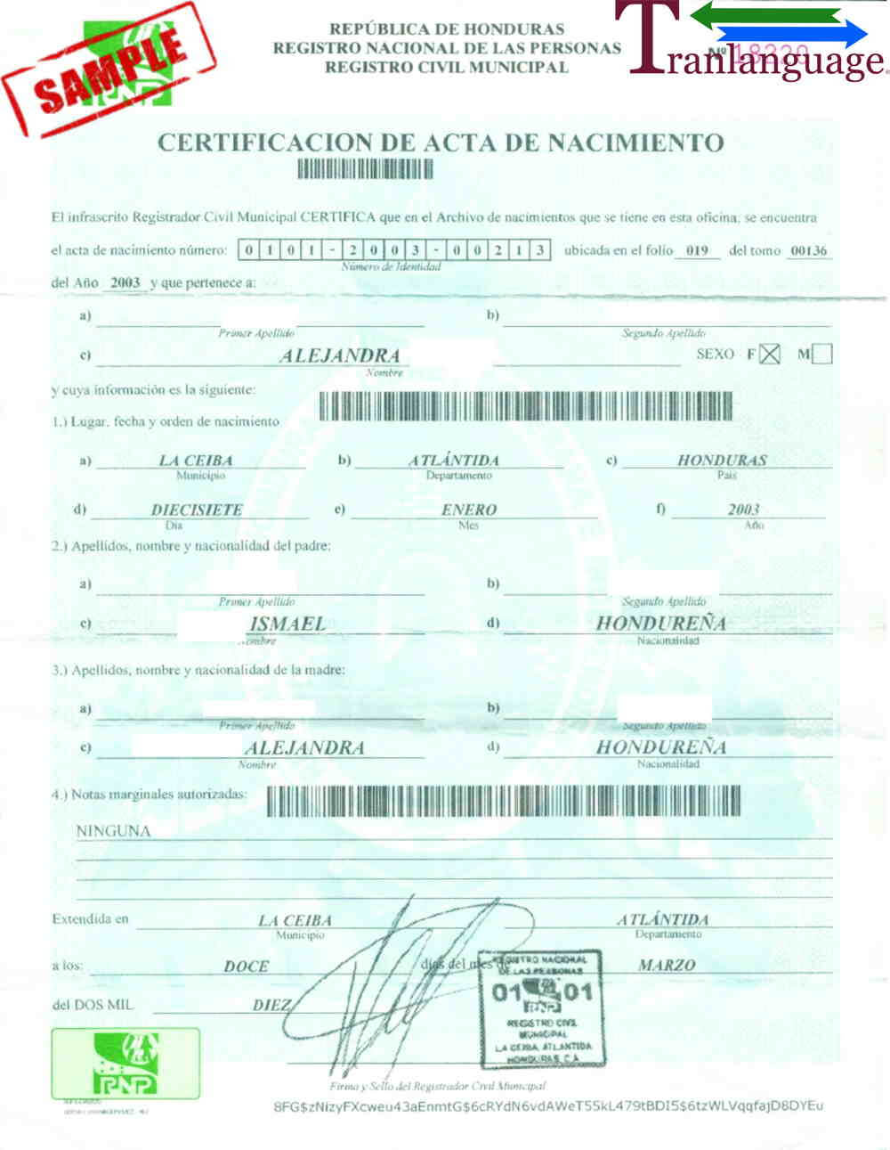 Birth Certificate Honduras Throughout Spanish To English Birth