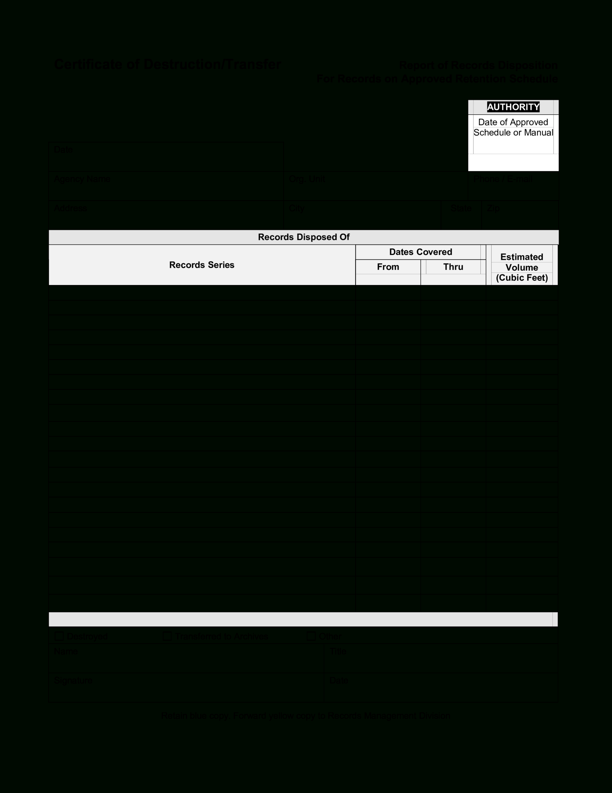 Blank Certificate Of Destruction | Templates At In Certificate Of Destruction Template