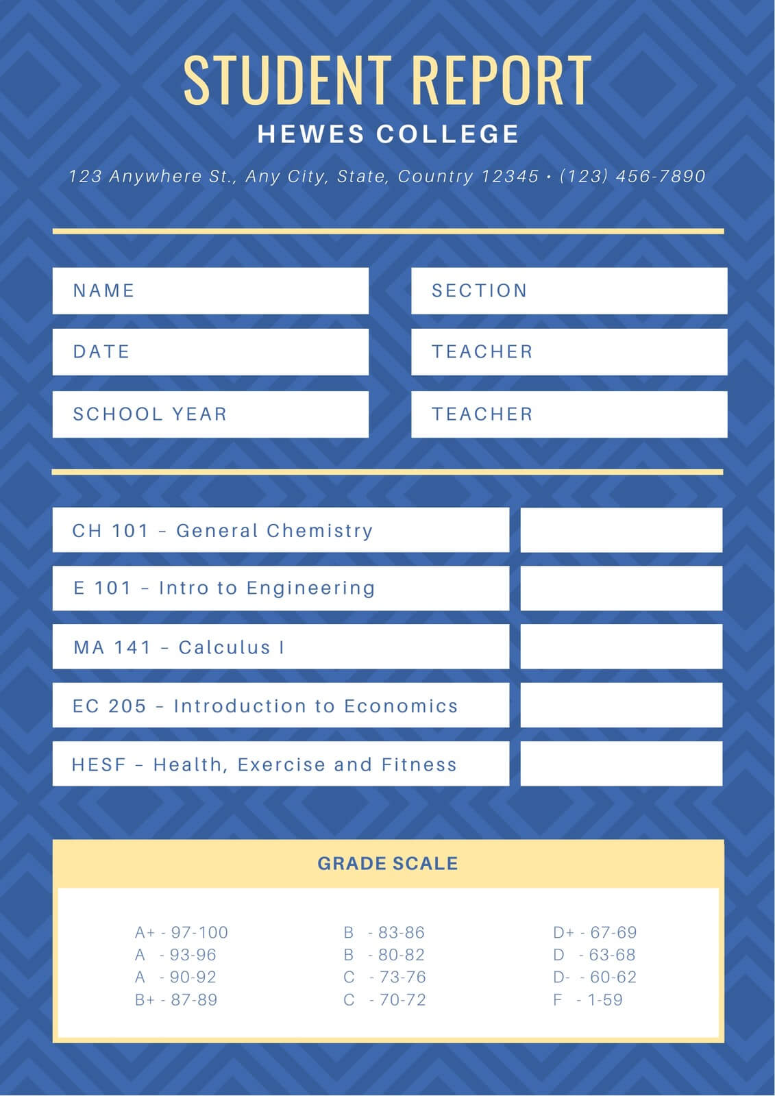 Blue Diamond Pattern College Report Card – Templatescanva With Regard To College Report Card Template