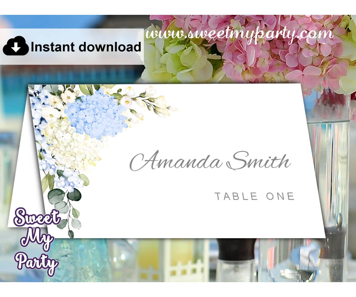 Blue Ivory Hydrangea Escort Cards Template,hydrangea Place Cards  Template,(139) Intended For Printable Escort Cards Template