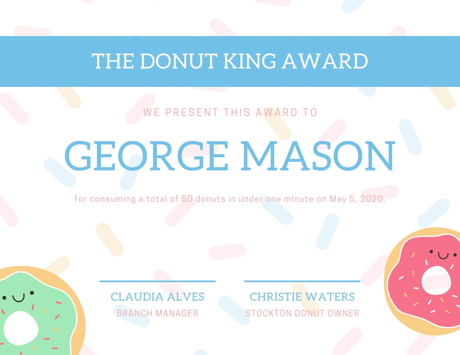Blue & White Colorful Donuts Funny Certificate – Templates Pertaining To Funny Certificate Templates