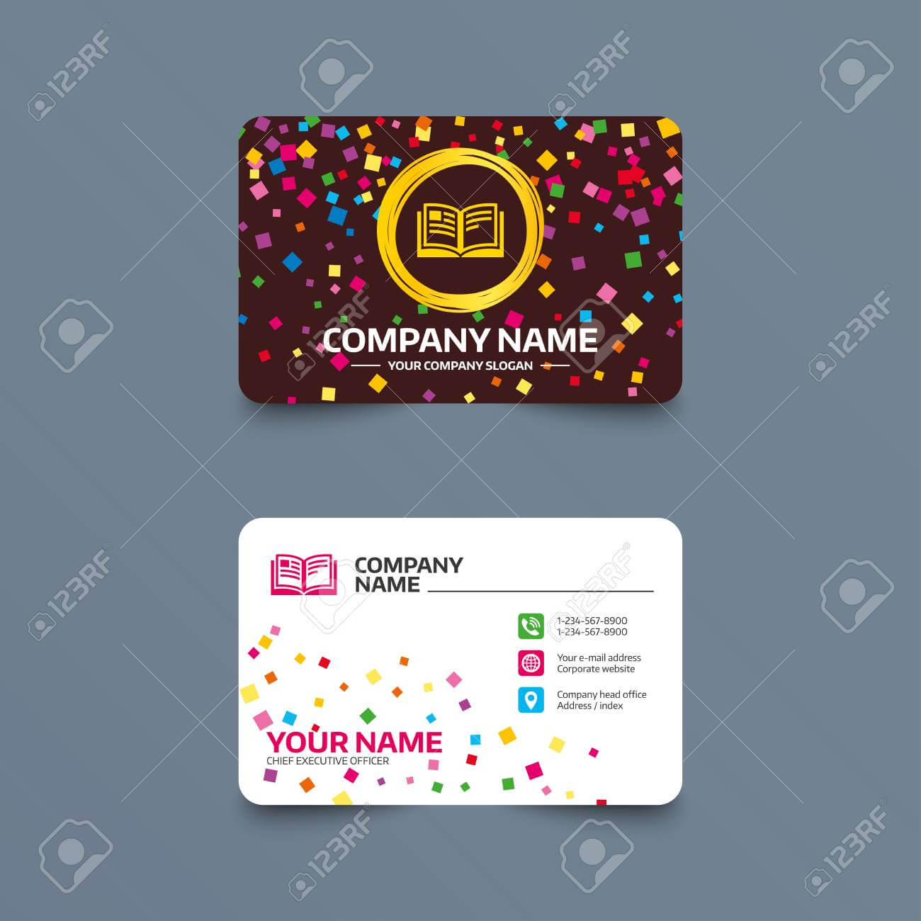 Business Card Template With Confetti Pieces. Book Sign Icon For Business Card Template Open Office