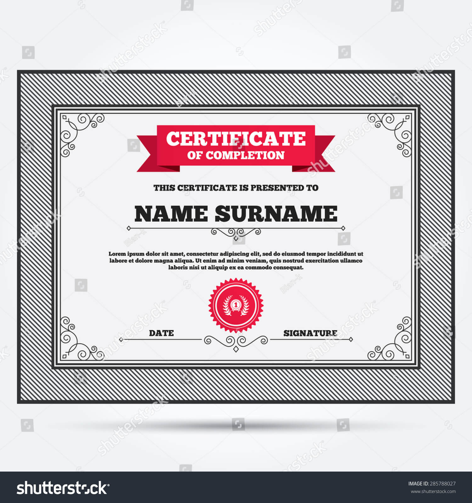 Certificate Completion First Place Award Sign Stock Vector Within First Place Certificate Template
