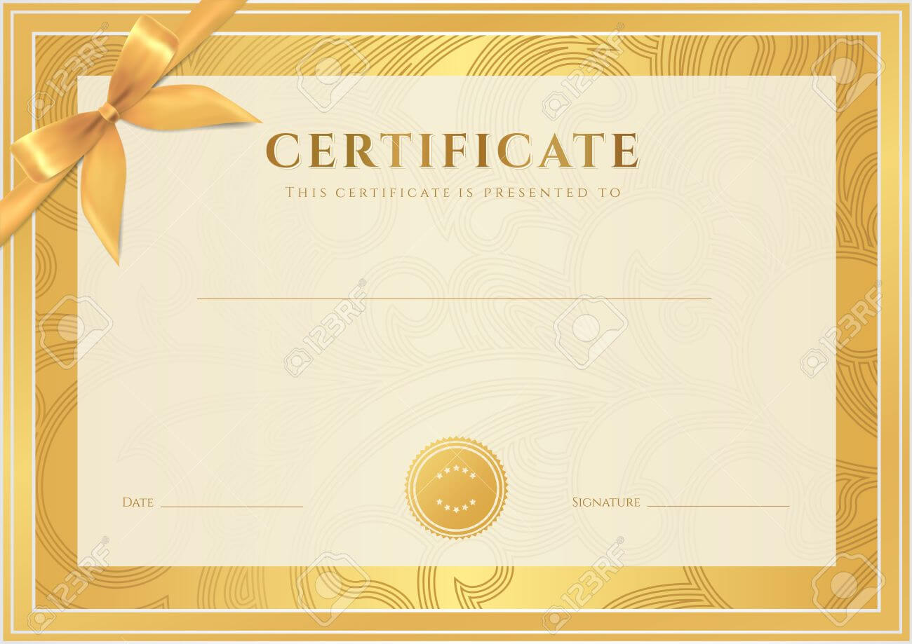 Certificate, Diploma Of Completion Template, Background Gold Floral Scroll,  Swirl Pattern Watermark , Border, Frame, Bow Certificate Of Achievement, With Regard To Certificate Scroll Template