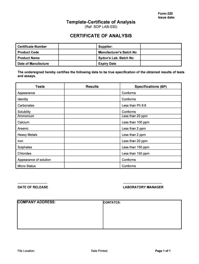Certificate Of Analysis Template - Fill Online, Printable Within Certificate Of Analysis Template