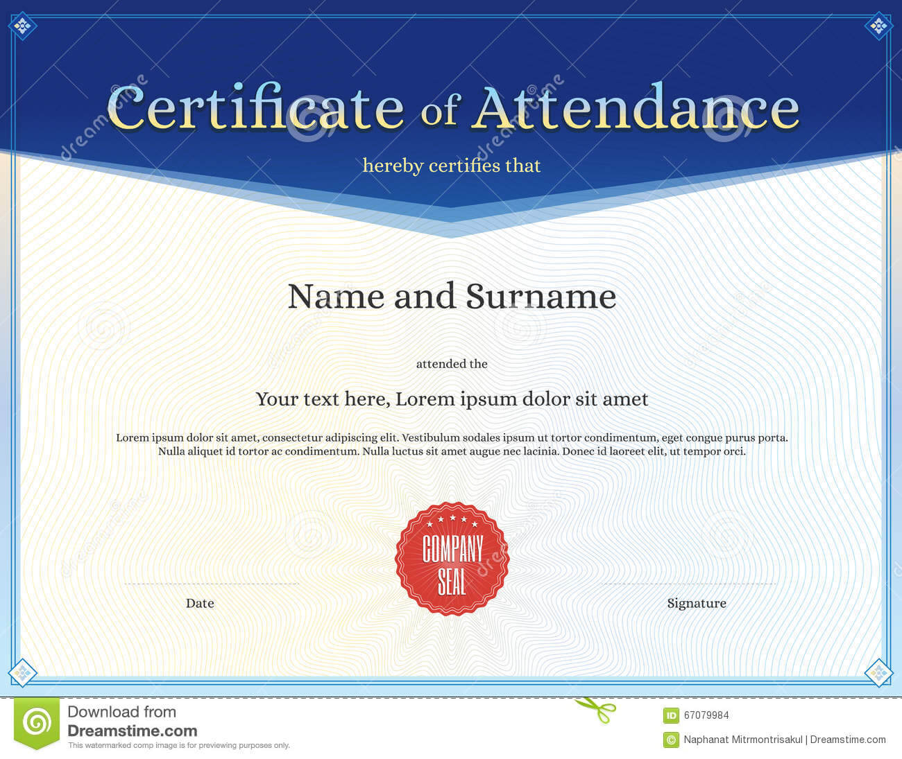 Certificate Of Attendance Template In Vector Stock Vector With Perfect Attendance Certificate Free Template