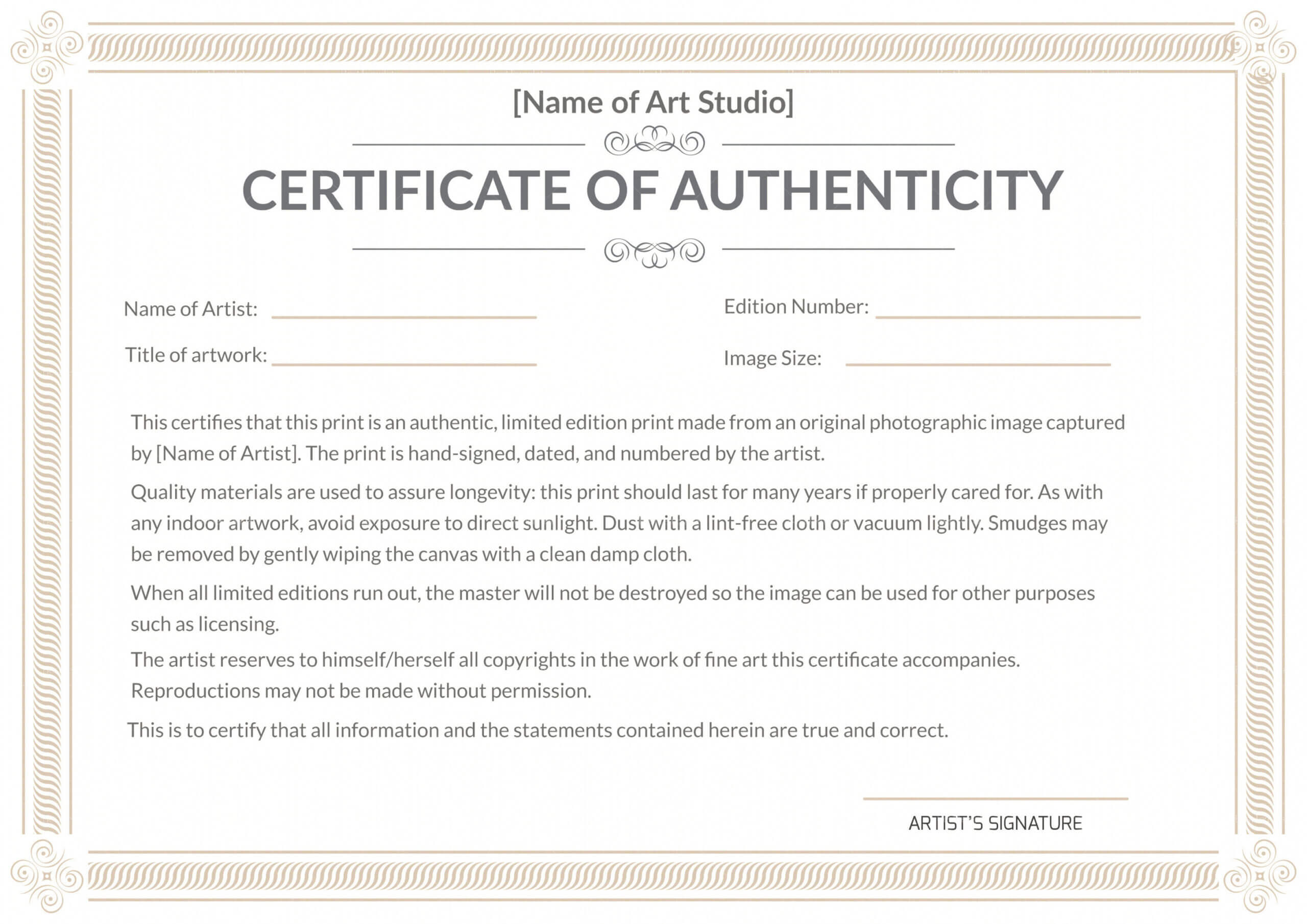 Certificate Of Authenticity Art Template – Calep.midnightpig.co With Regard To Photography Certificate Of Authenticity Template