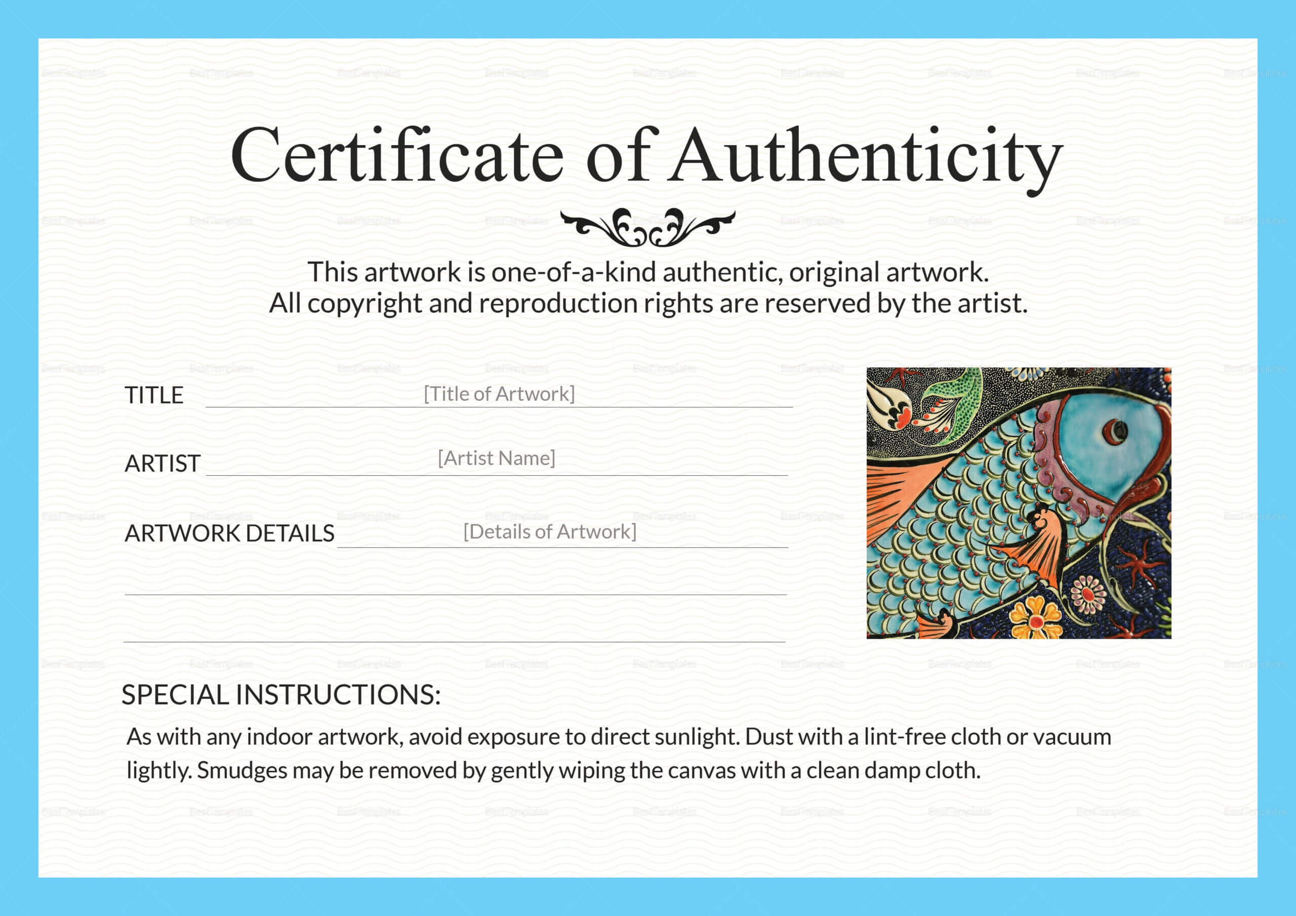 Certificate Of Authenticity Word Template – Calep.midnightpig.co With Regard To Free Art Certificate Templates