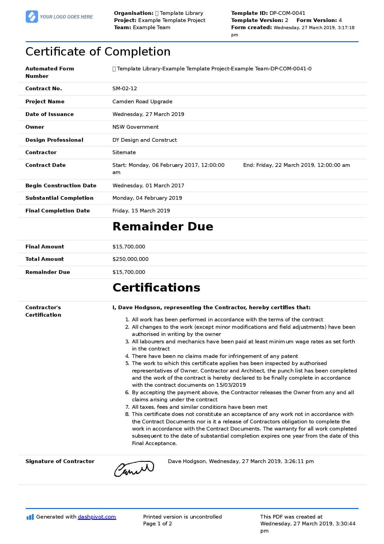 Certificate Of Completion For Construction (Free Template   Inside