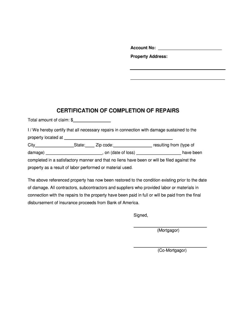 Certificate Of Completion For Insurance Purposes Fill Inside 