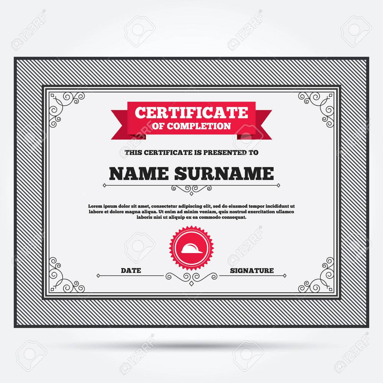 Certificate Of Completion. Hard Hat Sign Icon. Construction Helmet.. Within Construction Certificate Of Completion Template