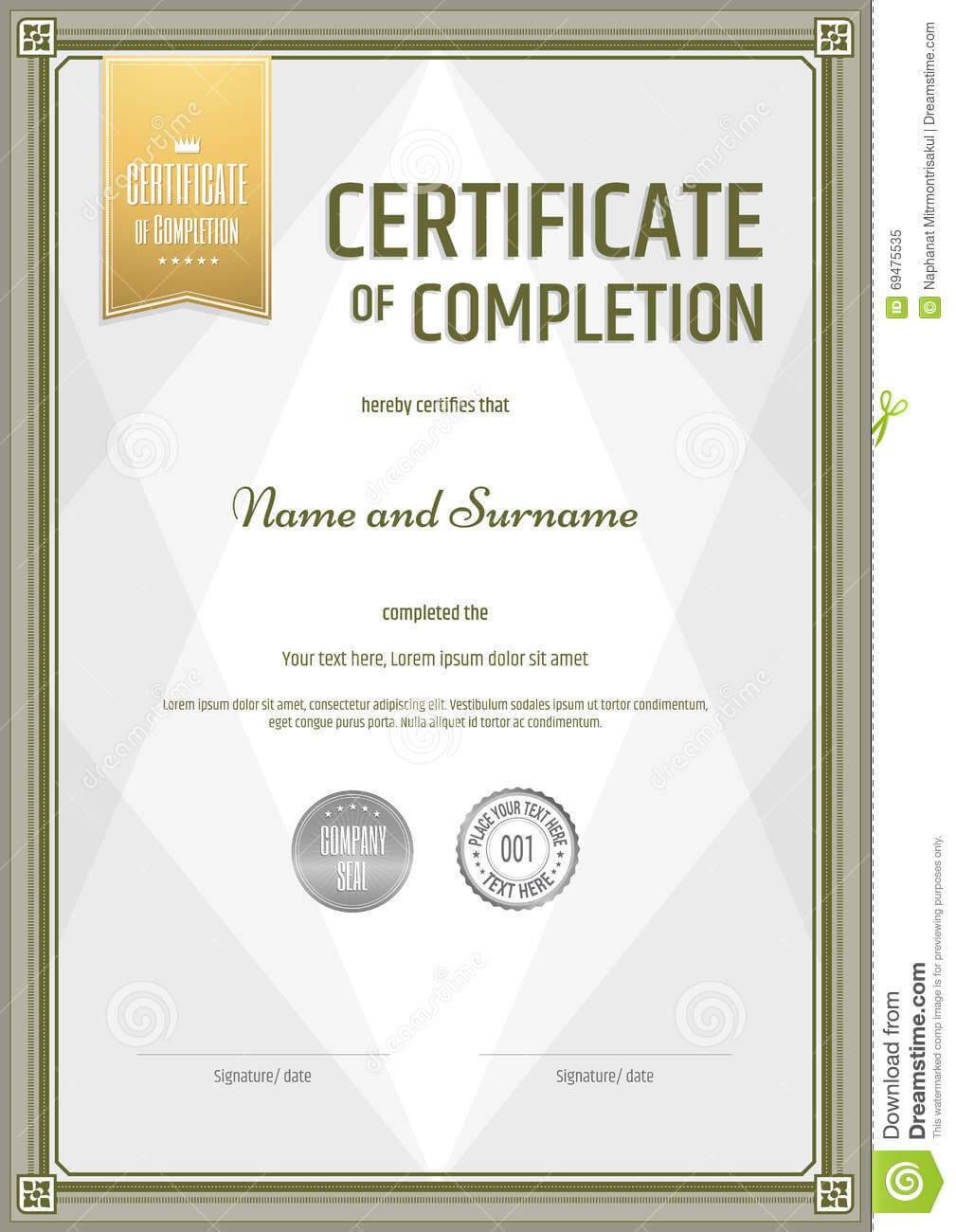 Certificate Of Completion Template In Portrait Stock Vector Pertaining To Certification Of Completion Template