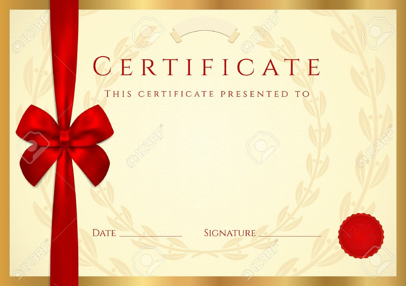 Certificate Of Completion (Template) With Wax Seal, Border And Red Bow  (Ribbon). Golden Background Design Usable For Diploma, Invitation, Gift Within Award Certificate Border Template