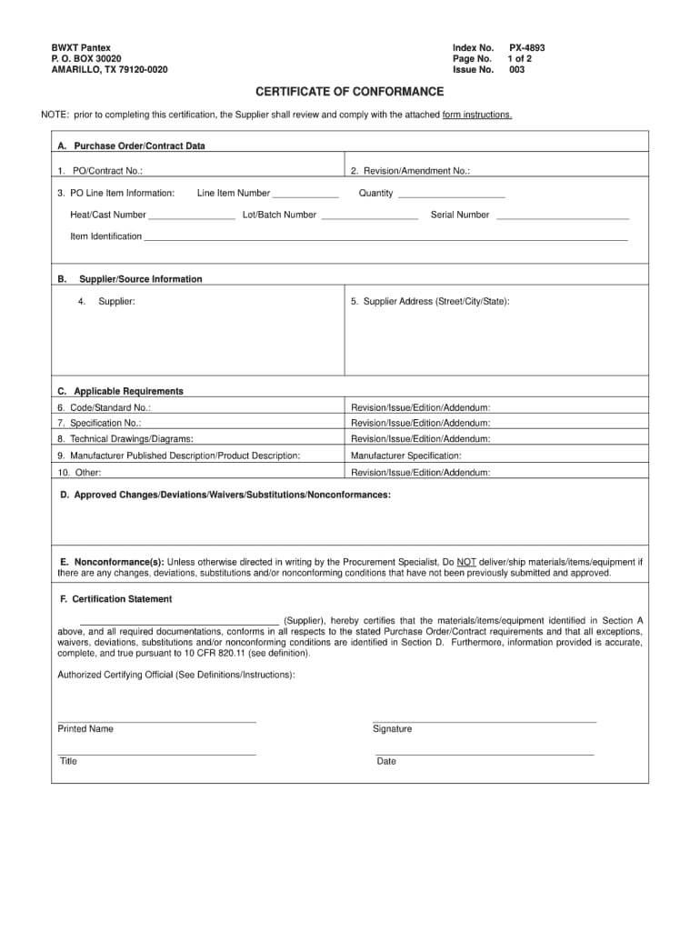 Certificate Of Conformance Template - Fill Online, Printable With Certificate Of Compliance Template