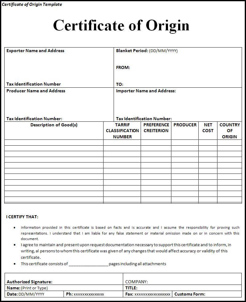 Certificate Of Origin Template | Professional Word Templates Throughout Certificate Of Origin Template Word