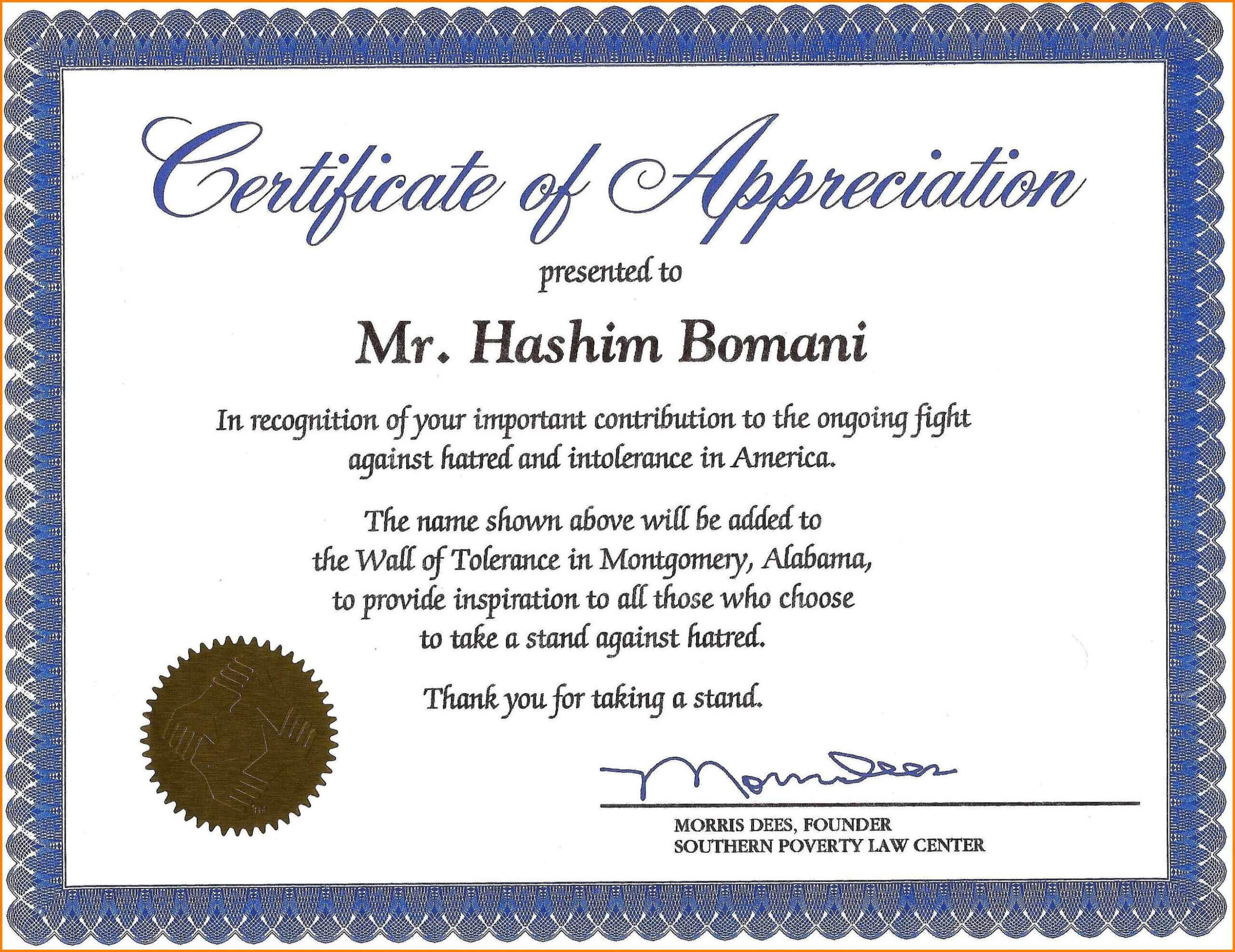 Certificate Of Recognition Wording Copy Certificate With Volunteer Certificate Template