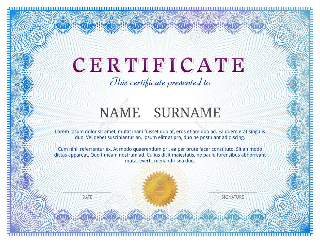 Certificate Template With Guilloche Elements. Blue Diploma Border.. In Validation Certificate Template
