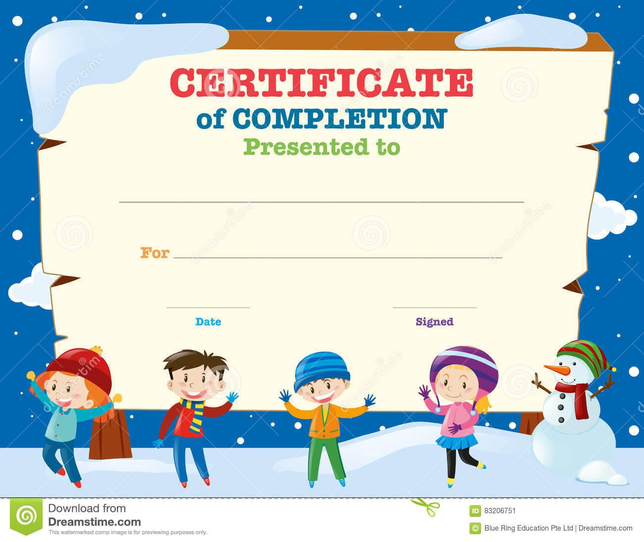 Certificate Template With Kids In The Snow Stock Vector Inside Walking Certificate Templates