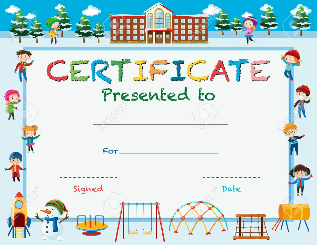 Certificate Template With Kids In Winter At School Illustration In Free School Certificate Templates