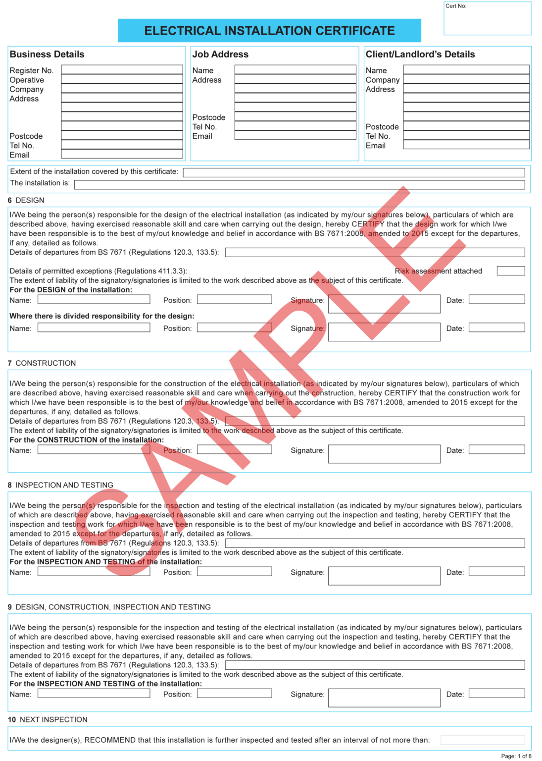 Electrical Minor Works Certificate Template