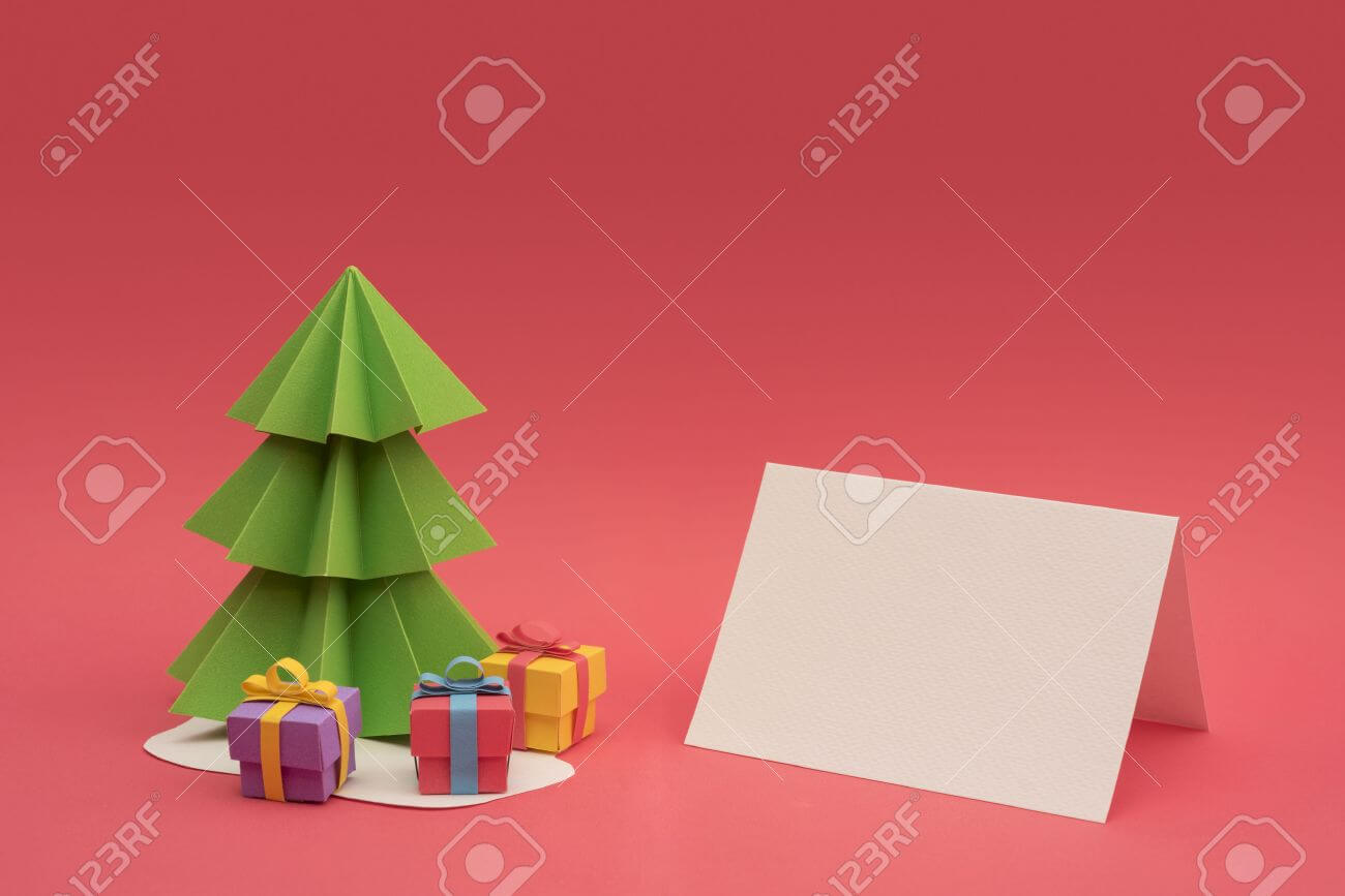 Christmas Season Paper Cut Design: 3D Handmade Xmas Pine Tree, Gift Boxes  And Empty Greeting Card Template With Clipping Path. Ideal For Holiday Pertaining To 3D Christmas Tree Card Template