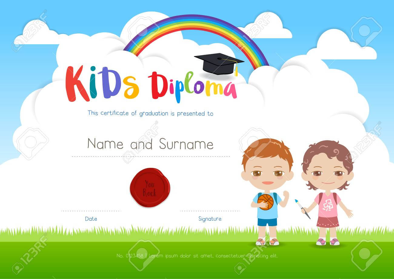 Colorful Kids Summer Camp Diploma Certificate Template In Cartoon Style  With Boy Girl And Sky Rainbow Throughout Summer Camp Certificate Template