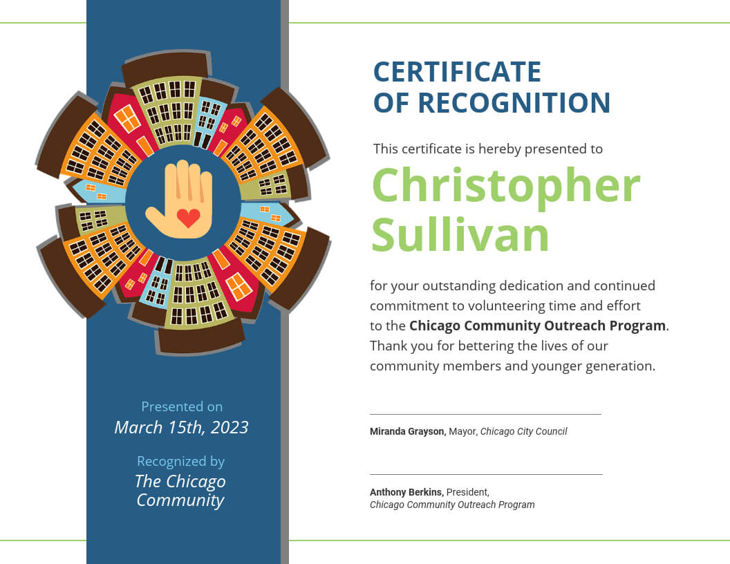 Community Volunteer Certificate Of Recognition Template Throughout Volunteer Of The Year Certificate Template
