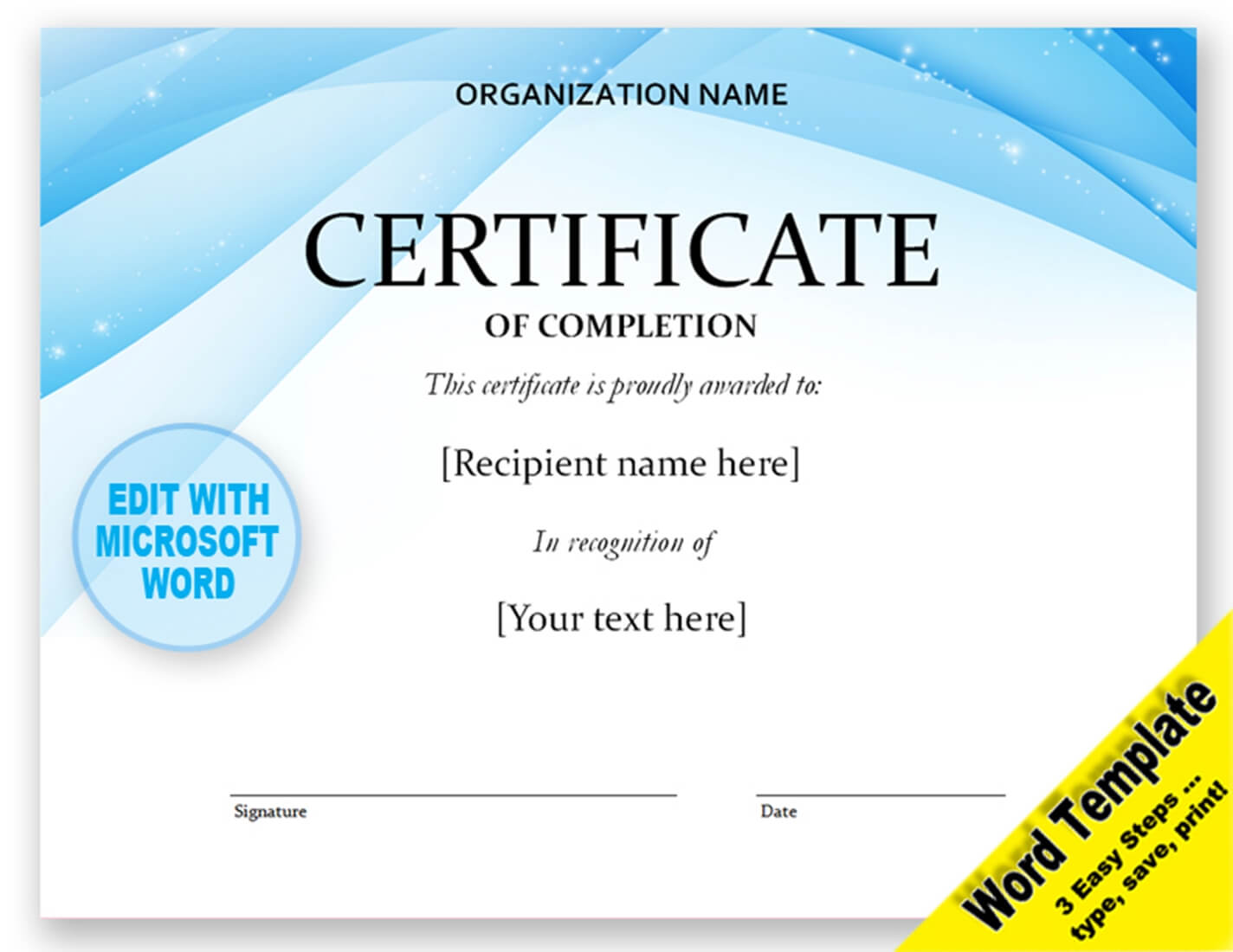 Contemporary Certificate Of Completion Template Digital Download Throughout Microsoft Word