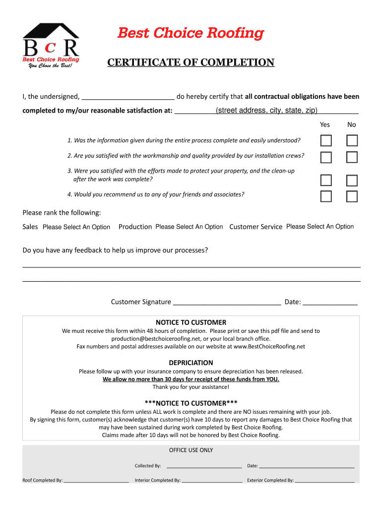 Contractor Job Completion Certificate – Fill Online With Roof Certification Template