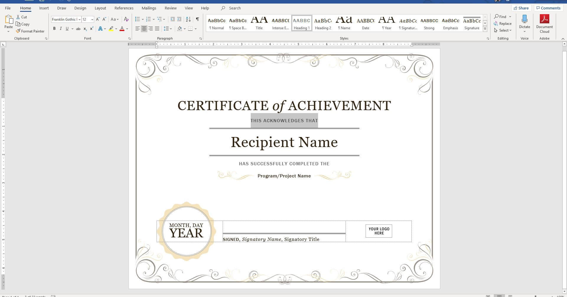 Create A Certificate Of Recognition In Microsoft Word Regarding Word 2013 Certificate Template