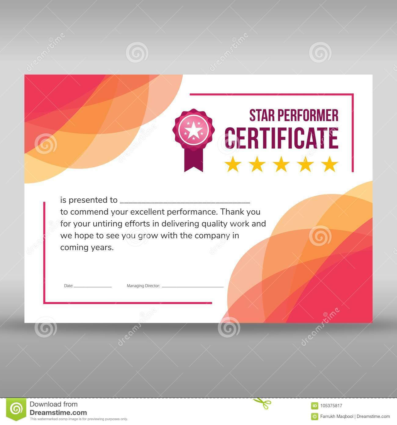 Creative Framed Pink And White Certificate Stock Vector With Star Performer Certificate Templates