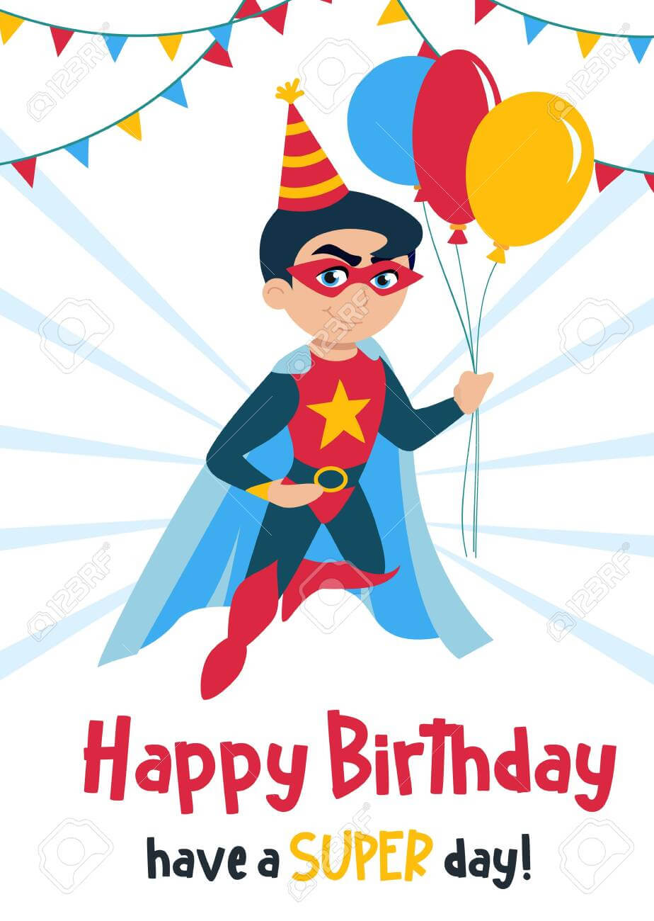 Cute Happy Birthday Greeting Card With Boy Vector Illustration Within Superhero Birthday Card Template