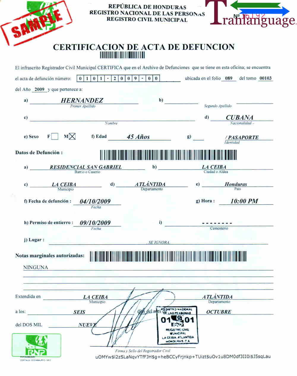Death Certificate Honduras Intended For Death Certificate Translation Template